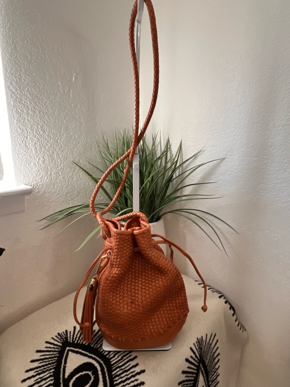 Rebecca Minkoff Woven Drawstring Bucket Bag in Cognac Brown